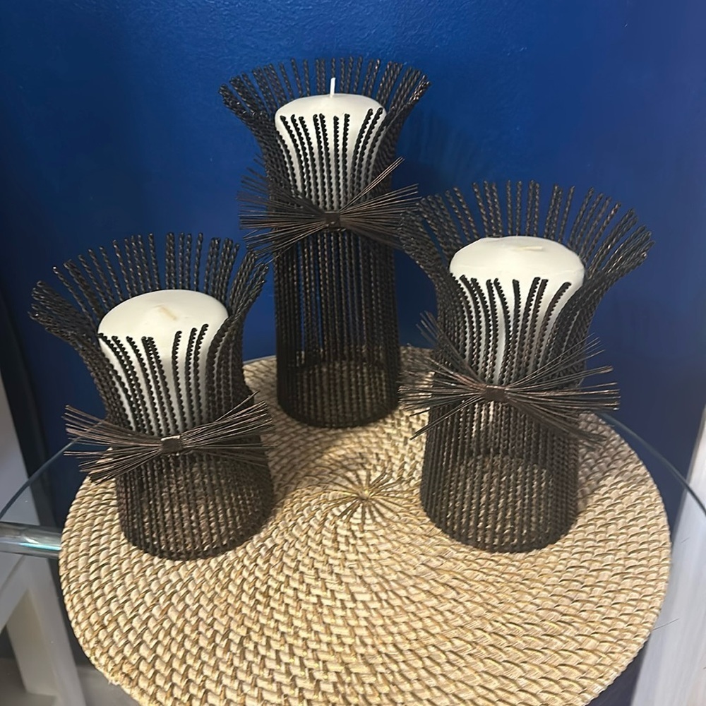 Vintage Set of 3 Rustic Decorative Metal Wheat Stalk Candle Holders with Candles